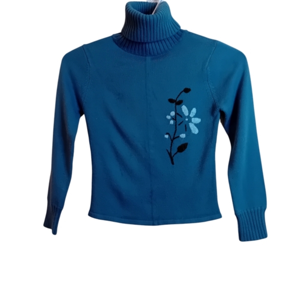 Girls Y2K Request Turtle Neck‎ Knit Sweater Floral Embroidery Winter Cozy 7/8